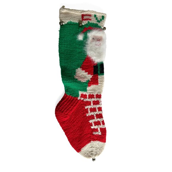 Hand Knit Christmas Stocking Large 21" for EVAN Santa Claus Fuzzy Beard Bells - Picture 2 of 7